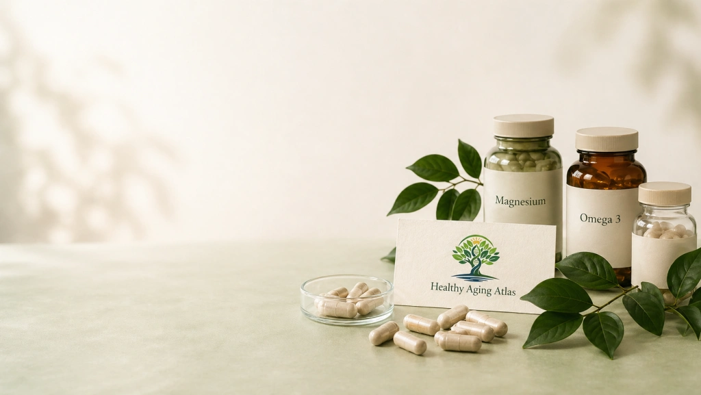 Healthy Aging Atlas supplement bottles, botanical leaves, and capsules in a clinical still life