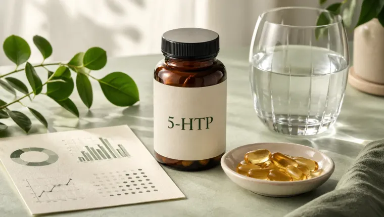 5-HTP supplement still life with research elements